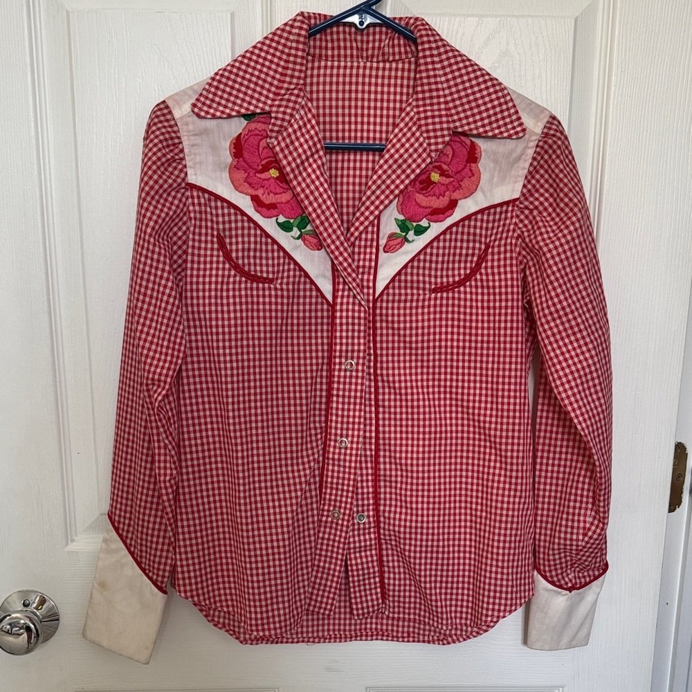 Vintage Red Gingham Western Shirt with Floral Embroidery